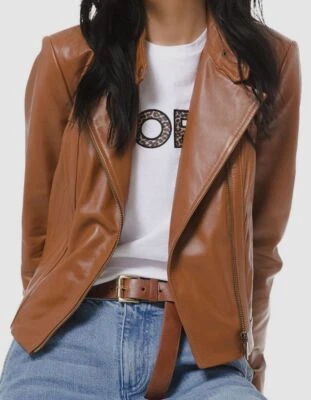 $251 Chaqueta de Cuero Michael Kors Para Mujer Marrón Asimétrica Cremallera Talla XS Foto 1 de 4