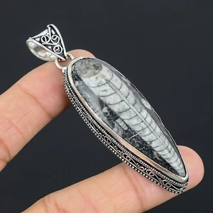 Orthoceras Fossil Gemstone Handmade 925 Sterling Silver Pendant Vintage Jewelry - Picture 1 of 5