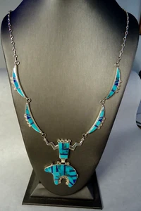 NATIVE AMERICAN NECKLACE & EARRINGS SET, Inlaid Turquoise & Lapis, BEAR PENDANT - Picture 1 of 11