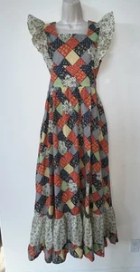 Vtg 70s Hippie Patchwork Maxi Dress Angel Cap Sleeves Boho Cottage Prairie Sz 11 - Picture 1 of 6