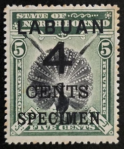 LABUAN NORTH BORNEO 1899 Heavily Hinged 4 C on 5c SG #102 S SPECIMEN - Picture 1 of 2