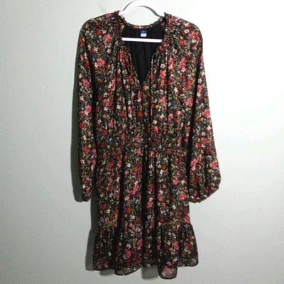 Antiguo Vestido Azul Marino Talla XL, Negro Rojo Dorado Metálico Boho Campesino Fiesta Carrera Bolsillo Foto 1 de 4