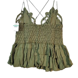 Free People Adella Cami Olive Green Sparrow Lace Ruffled Tank Top - Small NWT - Picture 1 of 12