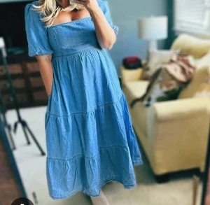 Gap Chambray Puffärmel gesmoktes Midikleid quadratischer Ausschnitt Medium Baumwolle neu mit Etikett - Bild 1 von 10