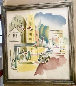 Vintage MCM Benjamin Jorj Harris - Airbrush Watercolor- Greenwich Village - Picture 1 of 6