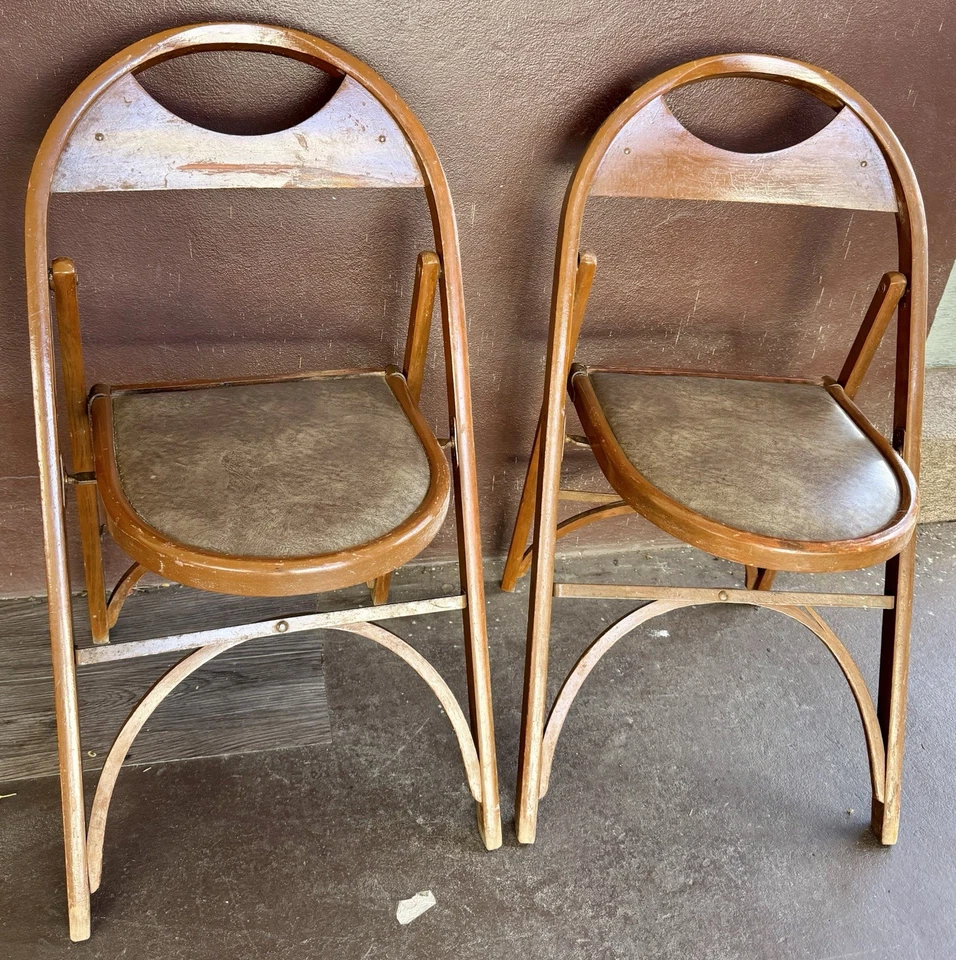2 VTG Bent Wood Funeral Home Folding Chairs 1950s Danish Style Pad Seats MCM VGC - Image 1 of 4