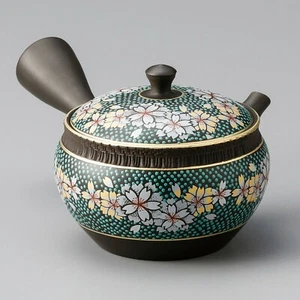 Teekanne Kyusu TOKONAME KUTANI WARE Kirschblüten Keramikgeflecht blaue Körner Japan - Bild 1 von 12