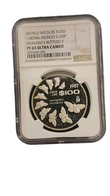 1987 World Wildlife Fund Mexico NGC PF63 Ultra Cam $100 Moneda Monarch Butterfly - Image 1 of 2