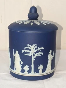 Antique Wedgwood Royal Cobalt Blue Jasperware 6 in Biscuit Jar Humidor w Lid - Picture 1 of 11