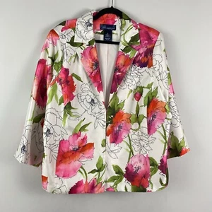 Susan Graver Floral Jacket Size 1X Pink Green Multi 3/4 Sleeves Pockets - Picture 1 of 9