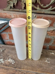 Vintage Tupperware 1661-2 Spaghetti Keeper Kitchen Pink Lid Tan Lid Lot Of 2 - Picture 1 of 6