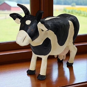 Vintage Cow Sculpture Hand-Painted Black & White Art Pottery Figurine - Picture 1 of 9