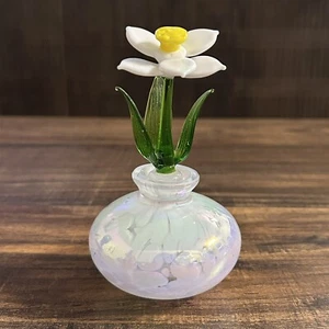 Vintage White Iridescent Blown Glass Perfume Bottle With White Flower Stopper - Picture 1 of 8