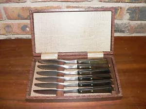 Set of 6 Vintage West Bend Wood Handle Stainless Steel Steak Knives w/Box - Picture 1 of 6