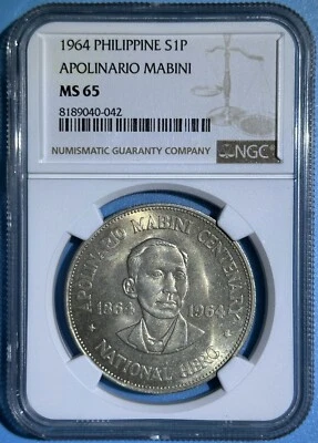 Philippines 1964 Silver 1 One Peso Choice BU Coin Apolinario Mabini NGC MS 65 - Image 1 of 2