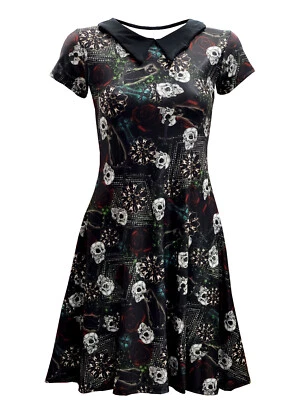 Gothic Wiccan Cross Cat Skull Rose Print Collar Dress Halloween Goth Emo - Image 1 of 3