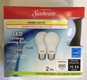 3 X 2 PK Sunbeam 800 Lumens 9.5W LED Bulbs 65W Equivalent - Dimmable A19 - Picture 1 of 1