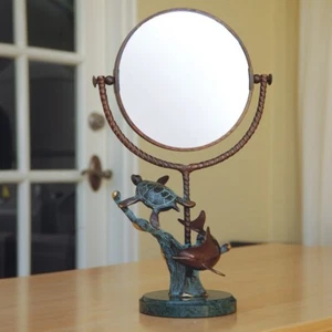Dolphin And Turtle Mirror Brass Marble Tabletop Mount Home Decor - Picture 1 of 1