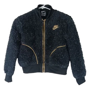 Nike Kids Sherpa Jacket Girls Full Zip Sparkle Black Metallic Size Small - Picture 1 of 10
