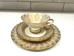 BAVARIA ELFENBEIN PORZELLAN Trio Set MCM Tea Cup Saucer Plate Gold Leaf & Floral - Picture 1 of 9