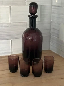 Vintage MCM Italian Amethyst Blown Glass Decanter & Stopper 4 Matching Glasses - Picture 1 of 9