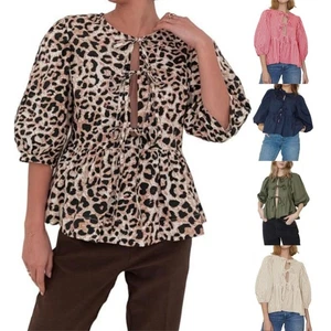 Womens Lace-up Tops Summer Puff Sleeve T Shirts Blouse Tunic Swing Leopard SIZE - Picture 1 of 22