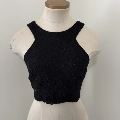 XSCAPE Mujer’s 2 Negro Floral Cuentas Encaje Halter Recortado Top Vacaciones Cóctel Foto 1 de 4