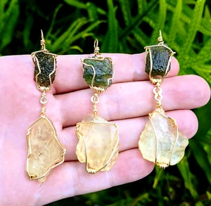 LARGE MOLDAVITE & LIBYAN Desert Glass Tektite Pendant Necklace (1) in Real Gold - Picture 1 of 10