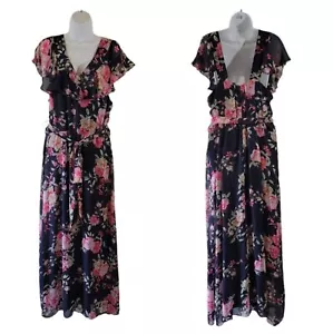R&K Maxikleid schwarz rot Blumen Übergröße 18 Rüschenärmel Cottagecore Fee Boho - Bild 1 von 12