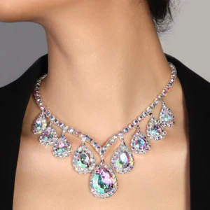 Rhinestone AB Crystal Choker Necklace Wedding Party Prom Necklaces For Women - Picture 1 of 5