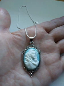 Mary Madonna & Child Cameo Pendant necklace Wedgewood Blue 925 sterling silver - Picture 1 of 5