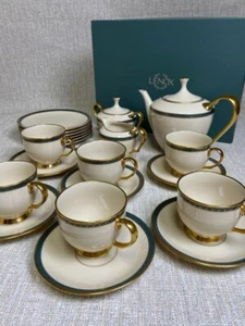 Lenox Patriot Tea Set 6 Cups Saucers Plates Pot Creamer Sugar Ivory Gold Trim - Picture 1 of 20