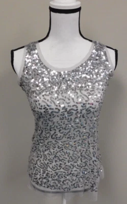 Lipstick Vintage Tank Top Womens Sequin Gemstones Stretch Sexy Silver - Image 1 of 4