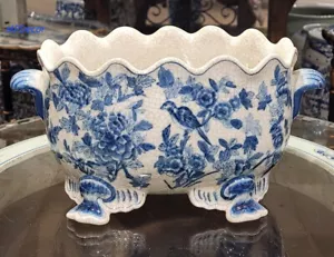 Blue Birds Porcelain Blue And White Planter Oval Basin Scallop Edge Flower Pot - Picture 1 of 5