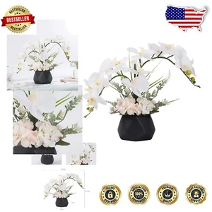 Luxury Indoor Faux Orchid Flower Arrangement - Chic Black Vase and Bonsai Style - Picture 1 of 10
