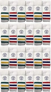 24 Pack of Kids Cotton Tube Socks White With Stripes Size 4-6 - Boys Crew Sock - Picture 1 of 7