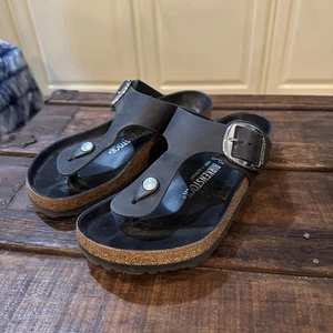 Birkenstock Gizeh Zapatos Mujer Talla 8 Negro Cuero Corcho Hebilla Grande Sandalias - Imagen 1 de 6
