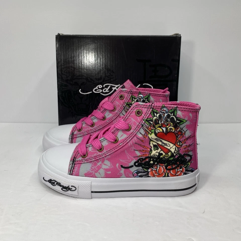 Ed Hardy Shoes Girls 11c Pink Side Skull Hi Top Sneaker Lace Up Heart NEW $65 - Image 1 of 4