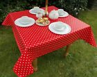 1.4m SQUARE WIPE CLEAN PVC TABLECLOTH WITH PARASOL HOLE - RED & WHITE POLKA DOT