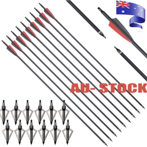 12pc 30" Carbon Arrows SP500 100Gr Broadheads for Compound / Recurve bow Hunting - Picture 1 of 25