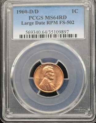 1960-D/D Lincoln Memorial Cent 1C PCGS MS64RD Lg. Date FS-502 RPM ERROR (63417) - Image 1 of 2