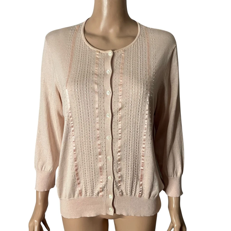 Cárdigan Ann Taylor para mujer XL rosa mezcla de seda botón delantero suéter con cuentas Foto 1 de 4