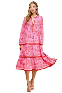 TCEC boutique Dress Pink Floral Print Tiered Stripe Midi Dress Sz L - Picture 1 of 10
