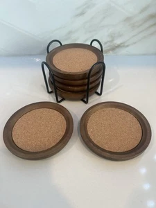 Set of 6 Natural Wood/Cork Stackable Coasters with Holder - Picture 1 of 4