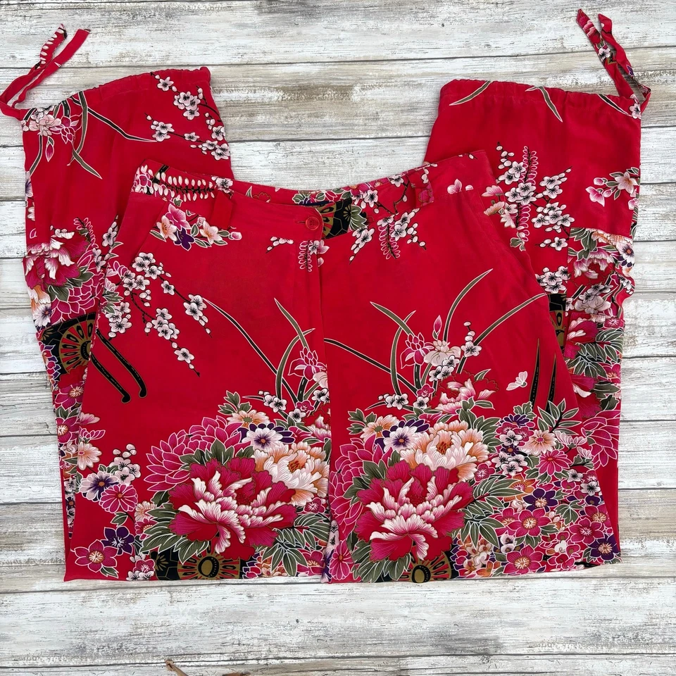 Boston Proper 裤子 10 码红色热带 100% 真丝货物作物花卉艺术度假村 — 第 1/4 张图片