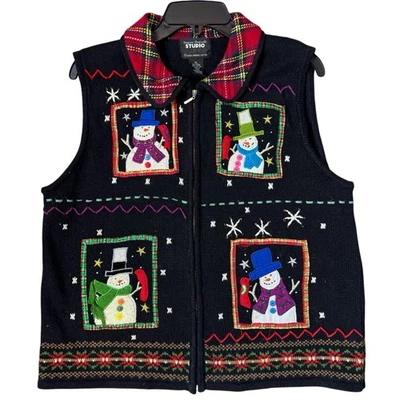 Suéter Chaleco Vintage Navidad Mujer XL Negro Patchwork Bordado Muñeco de Nieve Foto 1 de 4