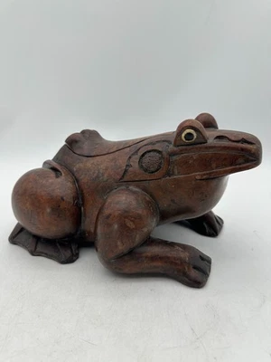 Vintage Hand-Carved Frog Wood Box Burl Wood Toad Trinket Humidor Sculpture - Image 1 of 4