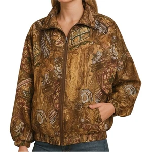 Blouson bomber vintage OutBrook en soie marron avec motif abstrait - Photo 1/8