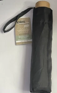 Totes Eco Umbrella Black Folding Bamboo Handle Recycled PET Free Slim Round - Picture 1 of 6