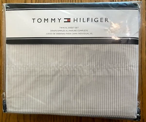 Tommy Hilfiger Twin Extra Long Sheet Set White & Gray Stirpes NEW - Picture 1 of 5